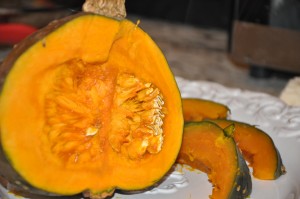 LEFT: raw kabocha squash, RIGHT: cooked sweet kabocha squash