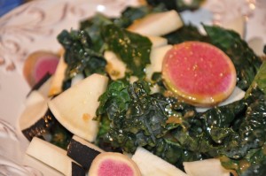 Kale salad with watermelon radish and black radish..