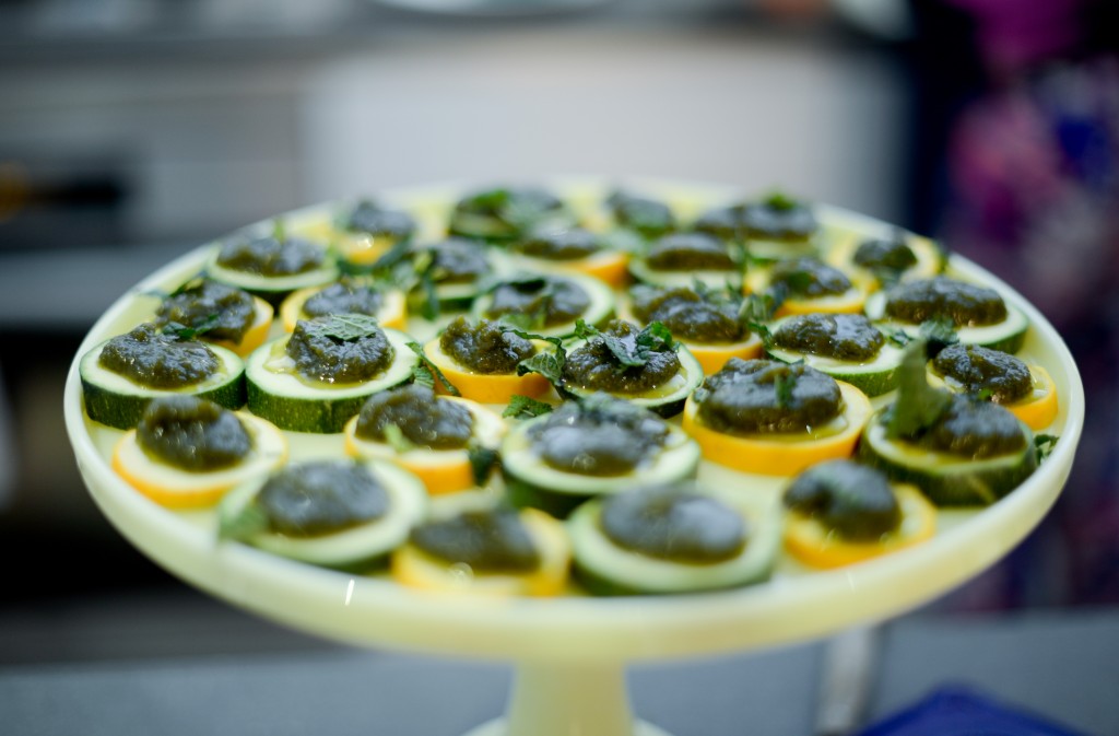 Zucchini Bites with Pistachio Pesto and Drizzled Honey