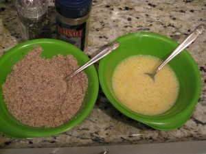 One bowl of almond meal(flour) and one bowl of whisked egg...