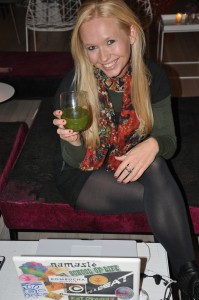 Jenny with her green juice, computer and iloveme ring! 3 of her fave things!