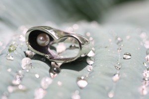 the iloveME ring with pink organic freshwater pearl - chilling on a leaf in the park