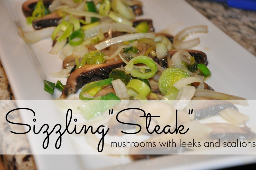 sizzling steak with mushrooms and leeks and scallions