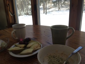 warming up with tulsi sweet rose tea overlooking the snowy trees in vermont!