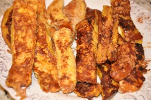 The finished product! Left: Coconut Crusted French Toast Sticks (recipe coming tomorrow) and Right: Cinnamon-Sugar French Toast Sticks